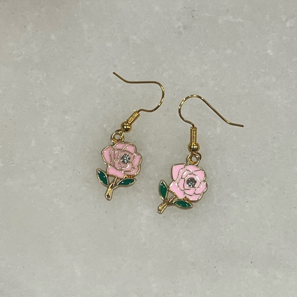 3/$30 Bundle • Rose Drop Crystal Charm Earrings Floral Pink Gold Jewelry